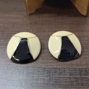 Statement Earrings Black‎ Beige Gold Tone Round Stud Fashion Jewelry Pre-Owned